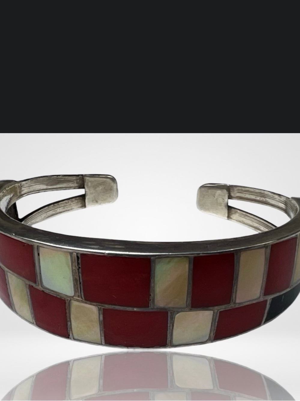 Zuni Sterling Silver Inlay Cuff Bracelet • Red Coral, Mother of Pearl & Jet